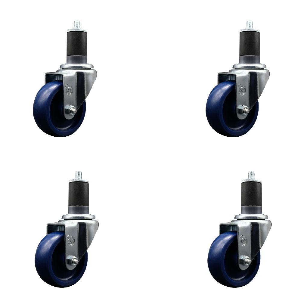 Solid Polyurethane Swivel Expanding Stem Caster Set of 4 with 3.5 Inch Blue Wheels and 1-5/8" Stems - 300 lbs. Capacity Per Caster - Service Caster Brand — photo 1