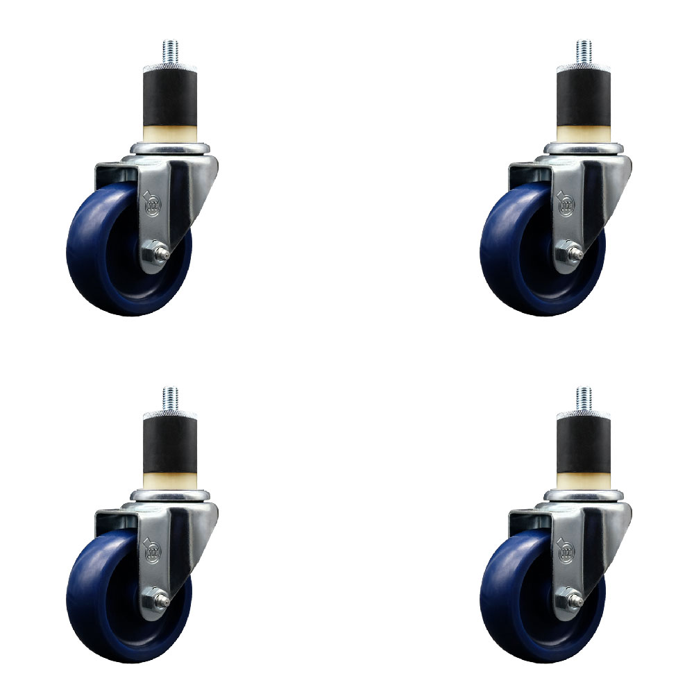 Stainless Steel Solid Polyurethane Swivel Expanding Stem Caster Set of 4 with 3.5 Inch Blue Wheels and 1-7/8" Stems - Includes 4 Swivel - 300 lbs. Capacity Per Caster - Service Caster Brand — photo 1