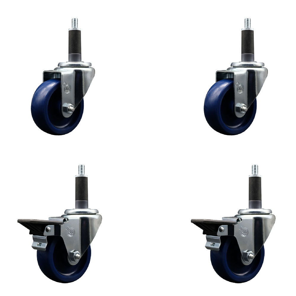 Solid Polyurethane Swivel Expanding Stem Caster Set of 4 with 3.5 Inch Blue Wheels and 1" Stems - Includes 2 with Posi Locking Brakes - 1200 lbs Total Capacity - Service Caster Brand — photo 1