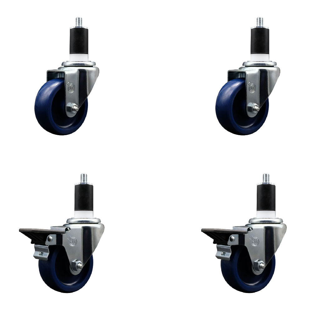 Solid Polyurethane Swivel Expanding Stem Caster Set of 4 with 3.5 Inch Blue Wheels and 1-1/2" Stems - Includes 2 with Posi Locking Brakes - 1200 lbs Total Capacity - Service Caster Brand — photo 1