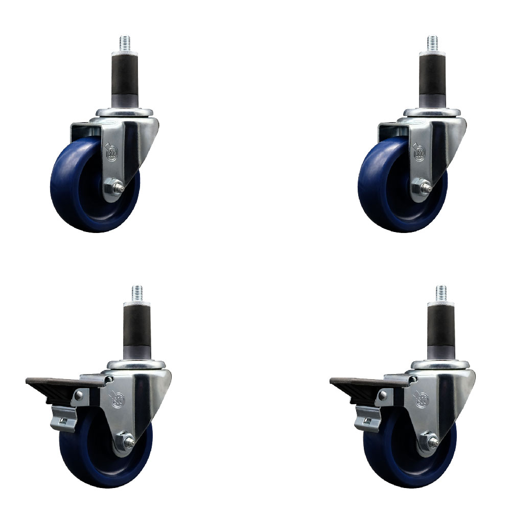 Solid Polyurethane Swivel Expanding Stem Caster Set of 4 with 3.5 Inch Blue Wheels and 1-1/4" Stems - Includes 2 with Posi Locking Brakes - 1200 lbs Total Capacity - Service Caster Brand — photo 1