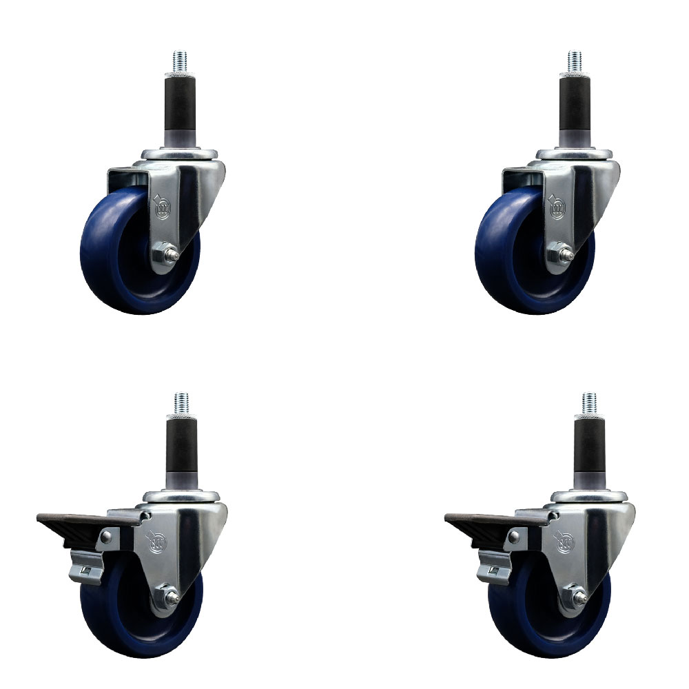 Solid Polyurethane Swivel Expanding Stem Caster Set of 4 with 3.5 Inch Blue Wheels and 1-1/8" Stems - Includes 2 with Posi Locking Brakes - 1200 lbs Total Capacity - Service Caster Brand — photo 1