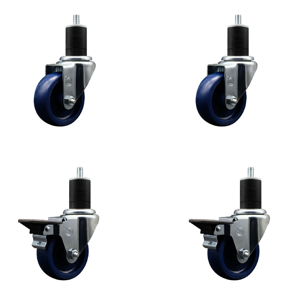 Solid Polyurethane Swivel Expanding Stem Caster Set of 4 with 3.5 Inch Blue Wheels and 1-3/4" Stems - Includes 2 with Posi Locking Brakes - 1200 lbs Total Capacity - Service Caster Brand — photo 1
