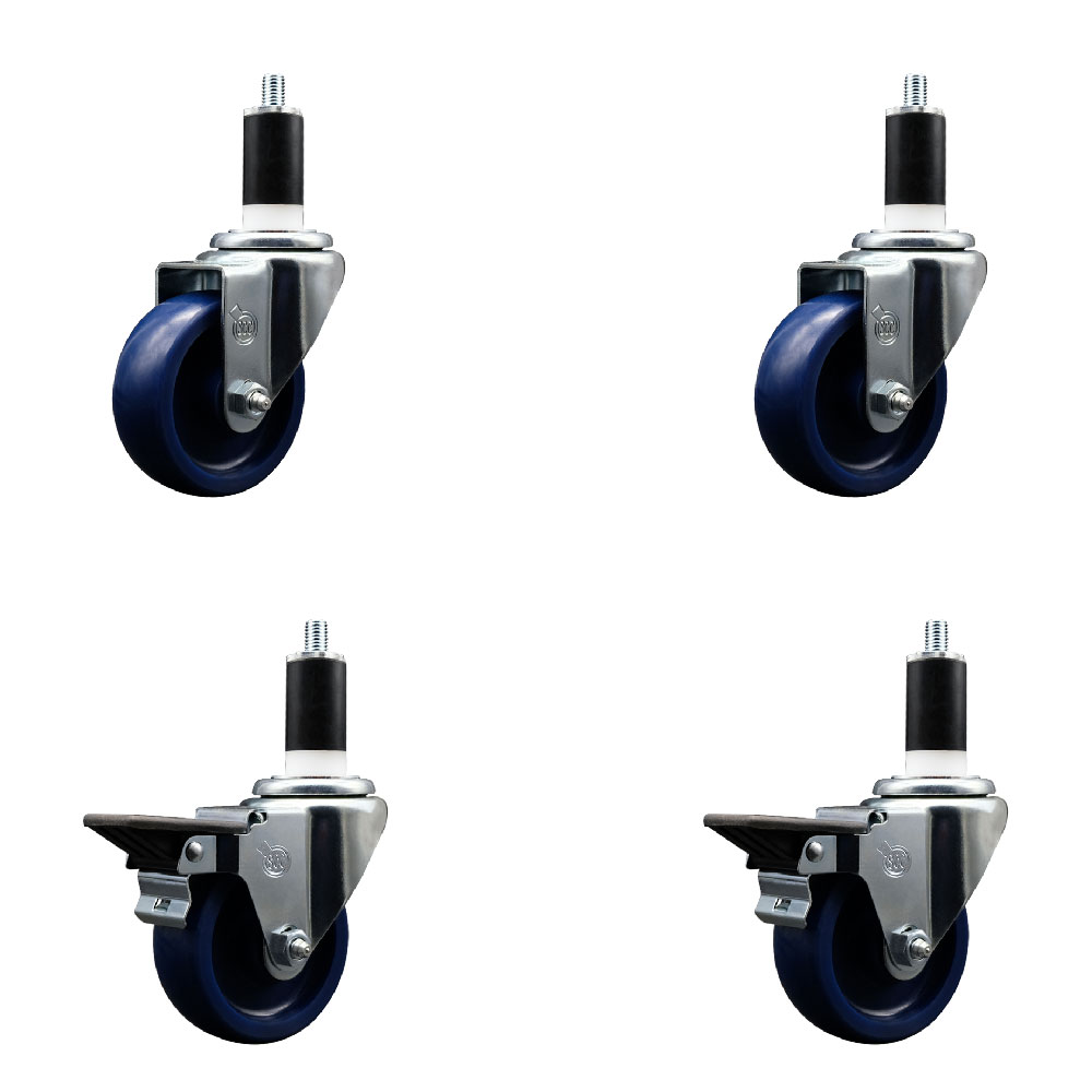 Solid Polyurethane Swivel Expanding Stem Caster Set of 4 with 3.5 Inch Blue Wheels and 1-3/8" Stems - Includes 2 with Posi Locking Brakes - 1200 lbs Total Capacity - Service Caster Brand — photo 1