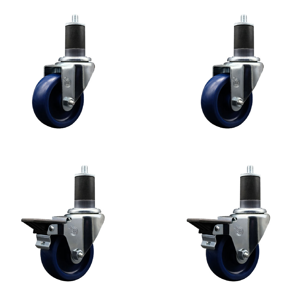 Solid Polyurethane Swivel Expanding Stem Caster Set of 4 with 3.5 Inch Blue Wheels and 1-5/8" Stems - Includes 2 with Posi Locking Brakes - 1200 lbs Total Capacity - Service Caster Brand — photo 1