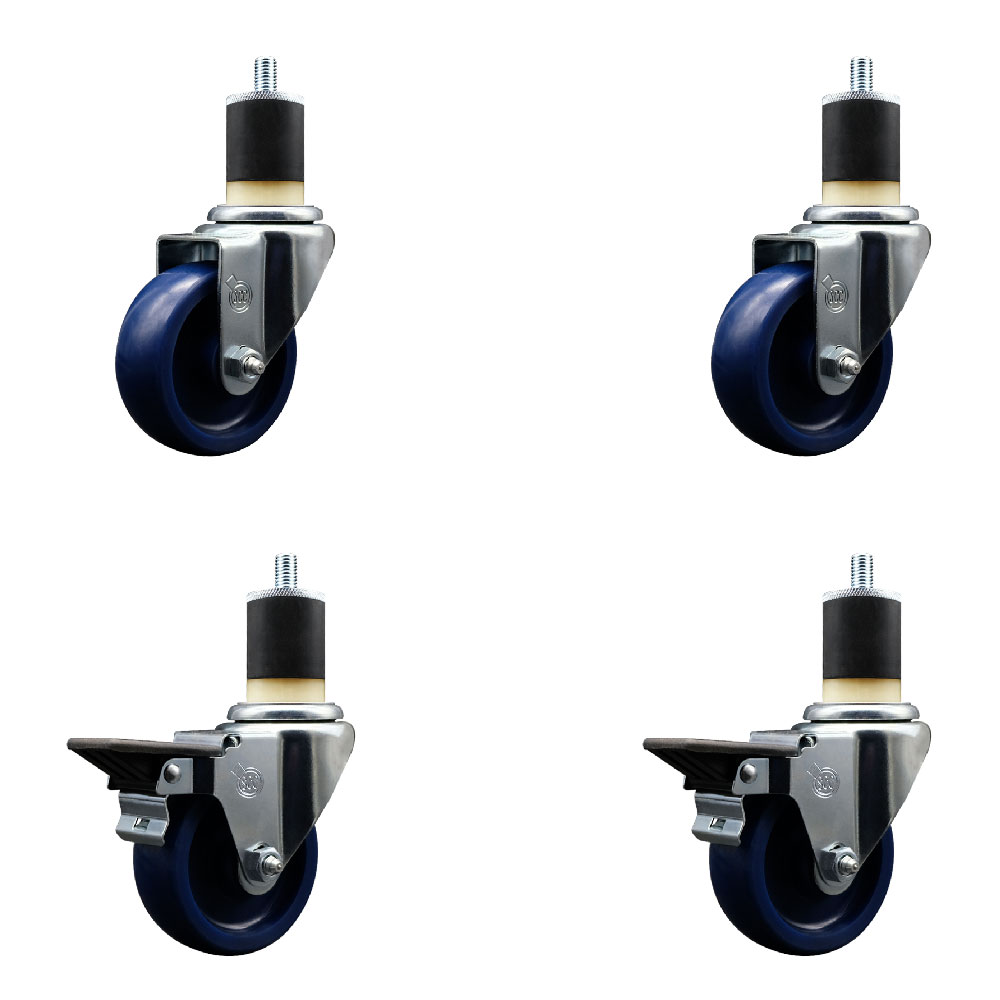 Solid Polyurethane Swivel Expanding Stem Caster Set of 4 with 3.5 Inch Blue Wheels and 1-7/8" Stems - Includes 2 with Posi Locking Brakes - 1200 lbs Total Capacity - Service Caster Brand — photo 1