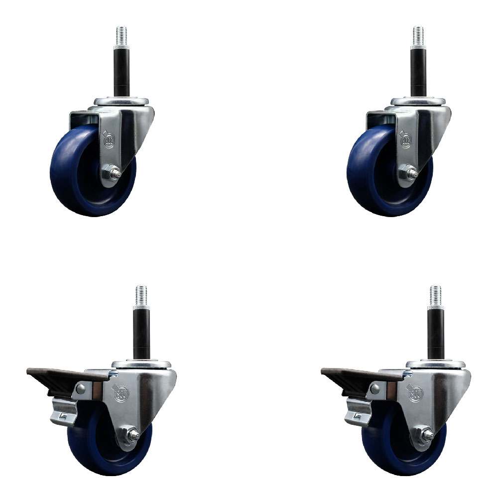 Solid Polyurethane Swivel Expanding Stem Caster Set of 4 with 3.5 Inch Blue Wheels and 3/4" Stems - Includes 2 with Posi Locking Brakes - 1200 lbs Total Capacity - Service Caster Brand — photo 1