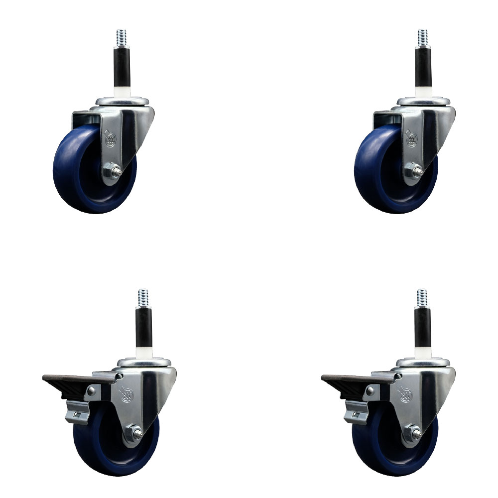 Solid Polyurethane Swivel Expanding Stem Caster Set of 4 with 3.5 Inch Blue Wheels and 7/8" Stems - Includes 2 with Posi Locking Brakes - 1200 lbs Total Capacity - Service Caster Brand — photo 1