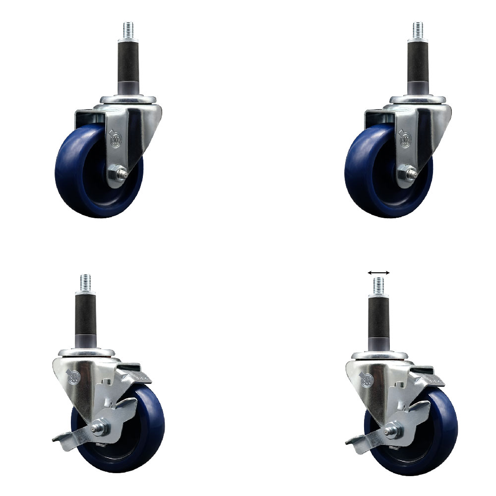Solid Polyurethane Swivel Expanding Stem Caster Set of 4 with 3.5 Inch Blue Wheels and 1" Stems - Includes 2 with Total Locking Brakes - 1200 lbs Total Capacity - Service Caster Brand — photo 1