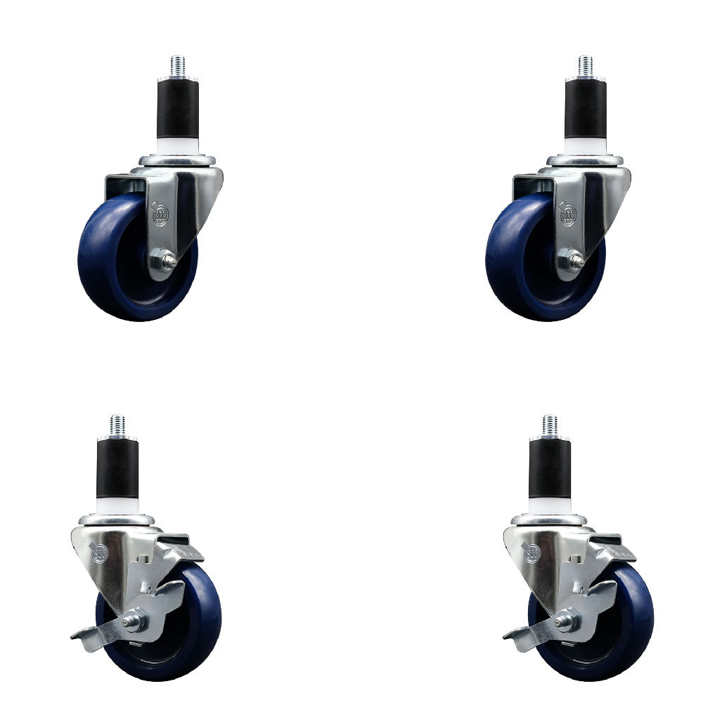 Stainless Steel Solid Polyurethane Swivel Expanding Stem Caster Set of 4 with 3.5 Inch Blue Wheels and 1-1/2" Stems - 2 with Top Locking Brakes - 1200 lbs Total Capacity - Service Caster Brand — photo 1