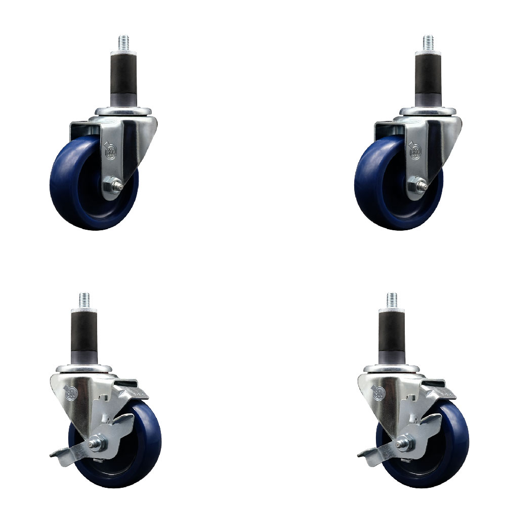 Stainless Steel Solid Polyurethane Swivel Expanding Stem Caster Set of 4 with 3.5 Inch Blue Wheels and 1-1/4" Stems - 2 with Top Locking Brakes - 1200 lbs Total Capacity - Service Caster Brand — photo 1