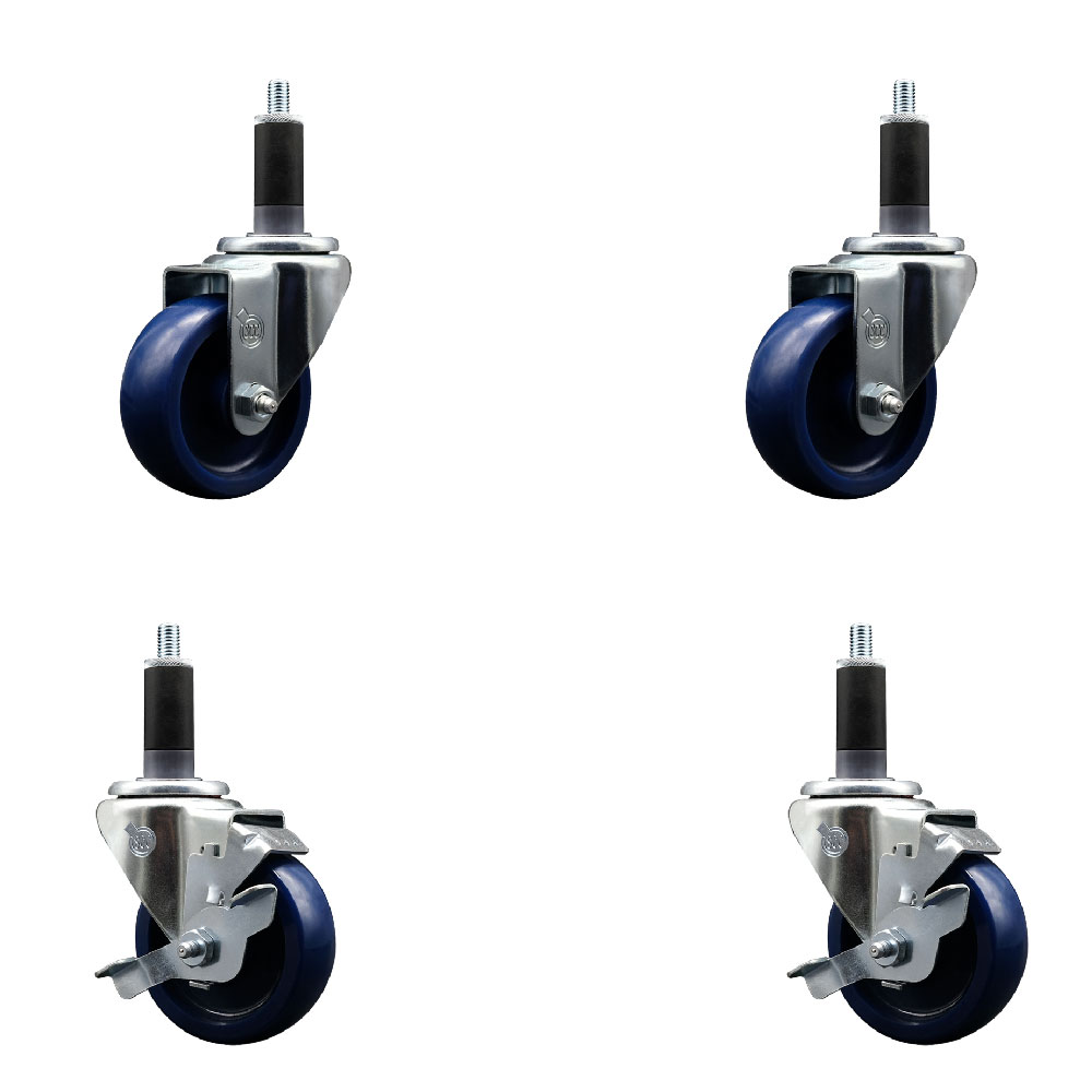 Solid Polyurethane Swivel Expanding Stem Caster Set of 4 with 3.5 Inch Blue Wheels and 1-1/8" Stems - Includes 2 with Top Locking Brakes - 1200 lbs Total Capacity - Service Caster Brand — photo 1