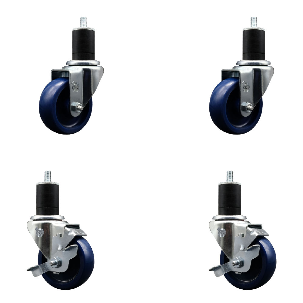 Stainless Steel Solid Polyurethane Swivel Expanding Stem Caster Set of 4 with 3.5 Inch Blue Wheels and 1-3/4" Stems - 2 with Top Locking Brakes - 1200 lbs Total Capacity - Service Caster Brand — photo 1