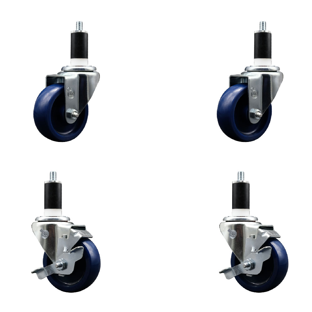 Solid Polyurethane Swivel Expanding Stem Caster Set of 4 with 3.5 Inch Blue Wheels and 1-3/8" Stems - Includes 2 with Top Locking Brakes - 1200 lbs Total Capacity - Service Caster Brand — photo 1