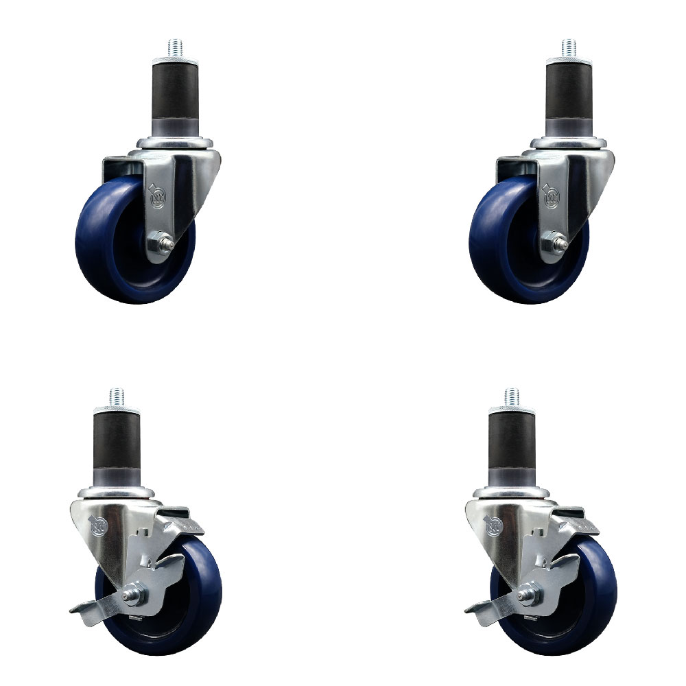 Stainless Steel Solid Polyurethane Swivel Expanding Stem Caster Set of 4 with 3.5 Inch Blue Wheels and 1-5/8" Stems - 2 with Top Locking Brakes - 1200 lbs Total Capacity - Service Caster Brand — photo 1