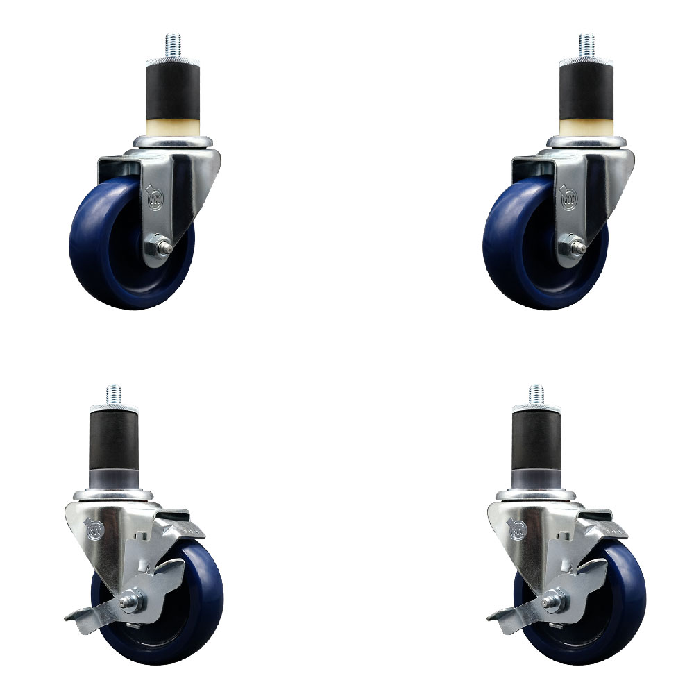 Stainless Steel Solid Polyurethane Swivel Expanding Stem Caster Set of 4 with 3.5 Inch Blue Wheels and 1-7/8" Stems - 2 with Top Locking Brakes - 1200 lbs Total Capacity - Service Caster Brand — photo 1