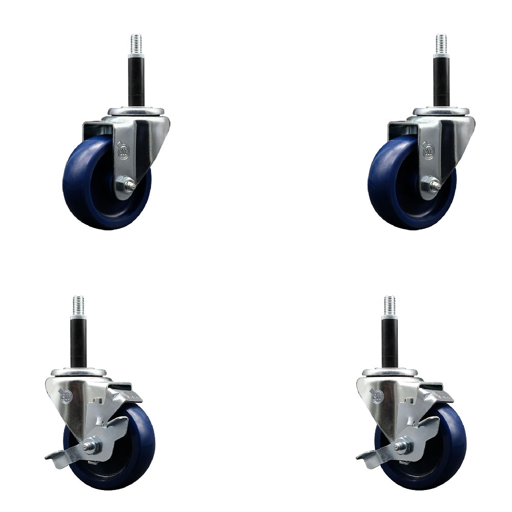 Stainless Steel Solid Polyurethane Swivel Expanding Stem Caster Set of 4 with 3.5 Inch Blue Wheels and 3/4" Stems - Includes 2 with Top Locking Brakes - 1200 lbs Total Capacity - Service Caster Brand — photo 1