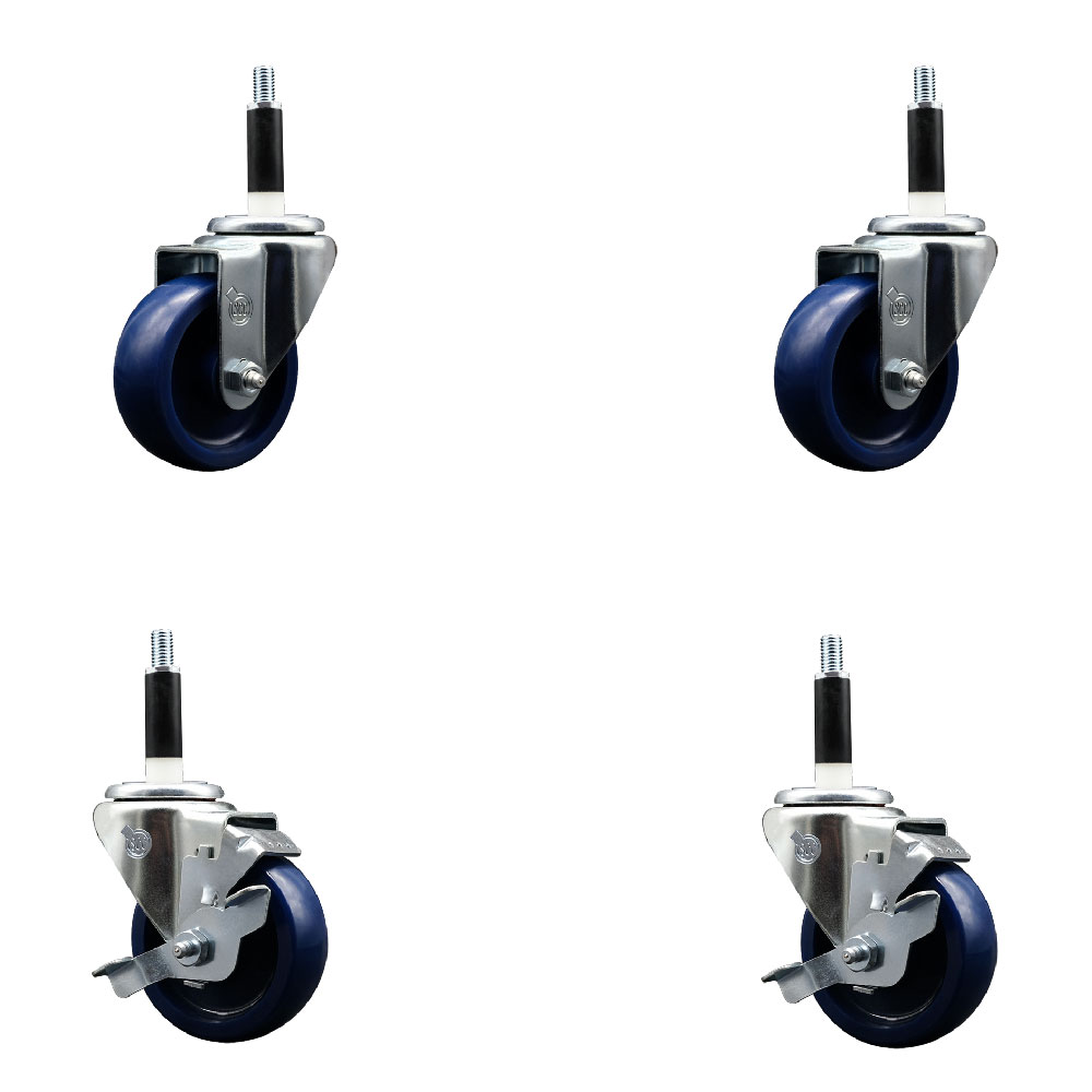 Solid Polyurethane Swivel Expanding Stem Caster Set of 4 with 3.5 Inch Blue Wheels and 7/8" Stems - Includes 2 with Top Locking Brakes - 1200 lbs Total Capacity - Service Caster Brand — photo 1