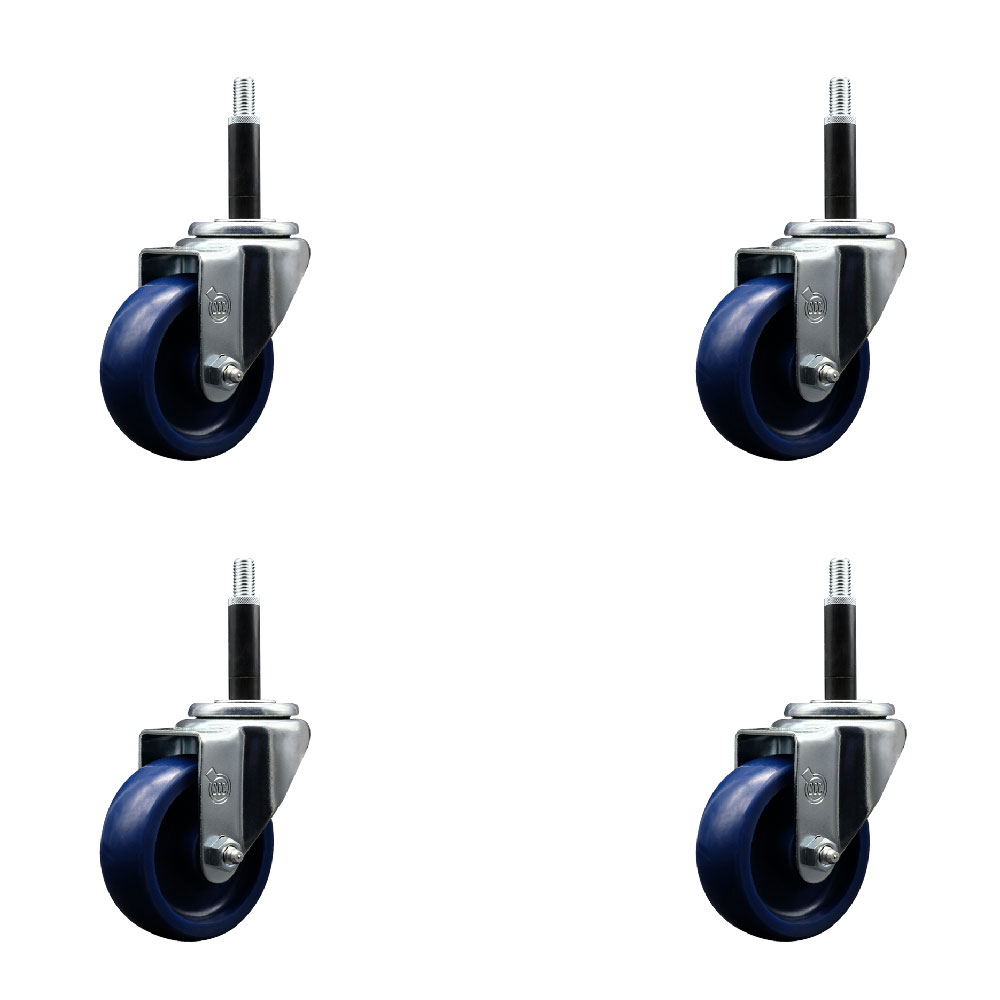 Solid Polyurethane Swivel Expanding Stem Caster Set of 4 with 3.5 Inch Blue Wheels and 3/4" Stems - 300 lbs. Capacity Per Caster - Service Caster Brand — photo 1