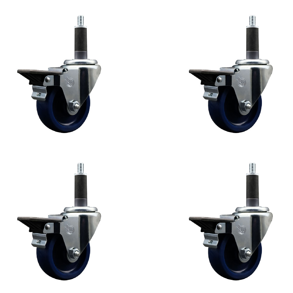 Solid Polyurethane Swivel Expanding Stem Caster Set of 4 with 3.5 Inch Blue Wheels and 1" Stems - Includes 4 Swivel with Posi Locking Brakes - 300 lbs. Capacity Per Caster - Service Caster Brand — photo 1