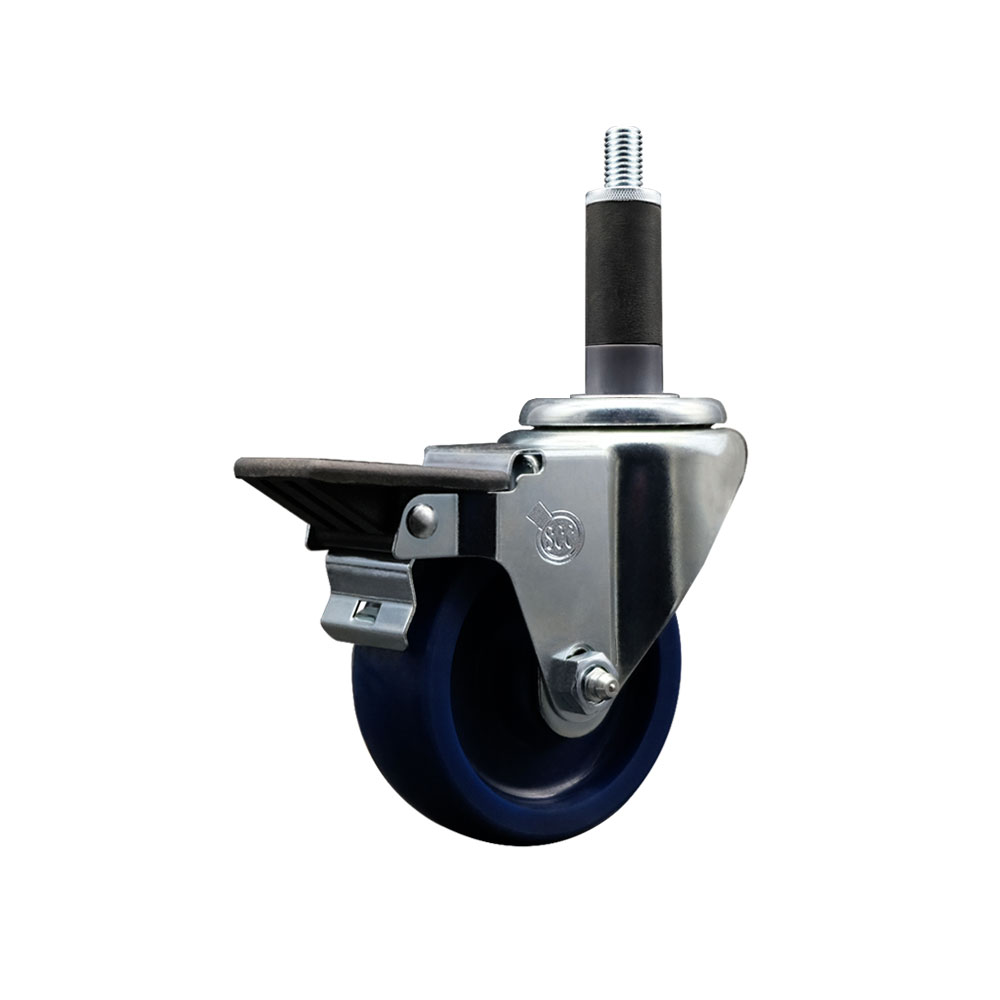 Solid Polyurethane Expanding Stem Swivel Caster with 3.5 Inch Blue Wheel and 1" Stem & Posi Locking Brake - 300 lbs. Capacity Per Caster - Service Caster Brand — photo 1