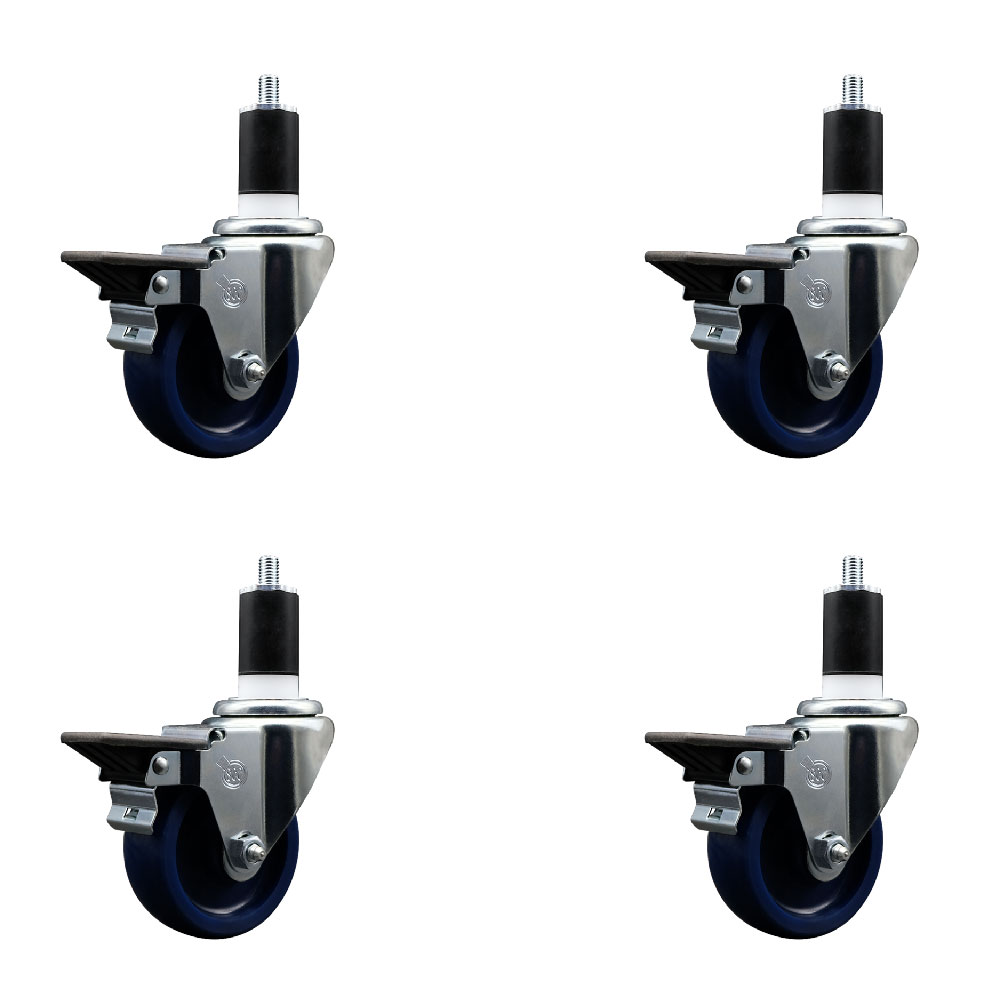 Solid Polyurethane Swivel Expanding Stem Caster Set of 4 with 3.5 Inch Blue Wheels and 1-1/2" Stems - Includes 4 Swivel with Posi Locking Brakes - 300 lbs. Capacity Per Caster - Service Caster Brand — photo 1