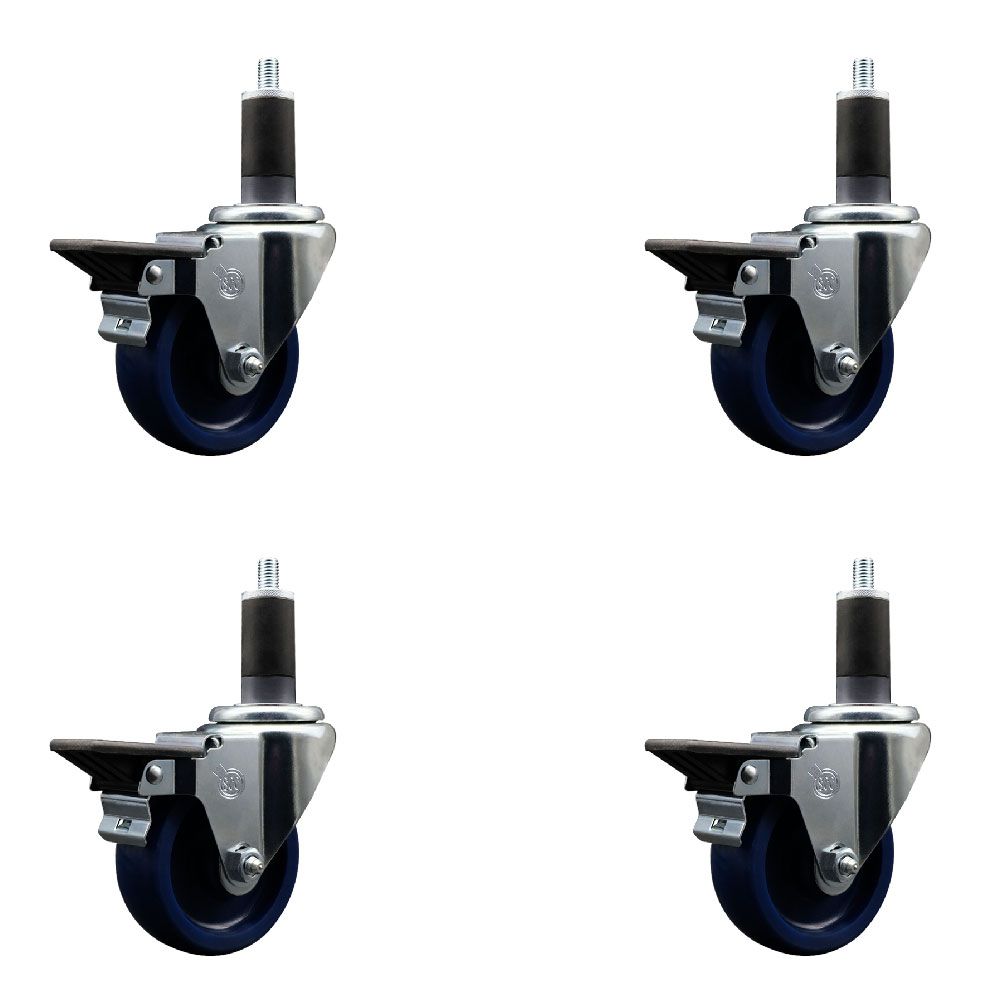 Solid Polyurethane Swivel Expanding Stem Caster Set of 4 with 3.5 Inch Blue Wheels and 1-1/4" Stems - Includes 4 Swivel with Posi Locking Brakes - 300 lbs. Capacity Per Caster - Service Caster Brand — photo 1