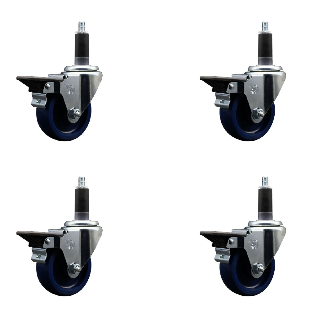 Solid Polyurethane Swivel Expanding Stem Caster Set of 4 with 3.5 Inch Blue Wheels and 1-1/8" Stems - Includes 4 Swivel with Posi Locking Brakes - 300 lbs. Capacity Per Caster - Service Caster Brand — photo 1