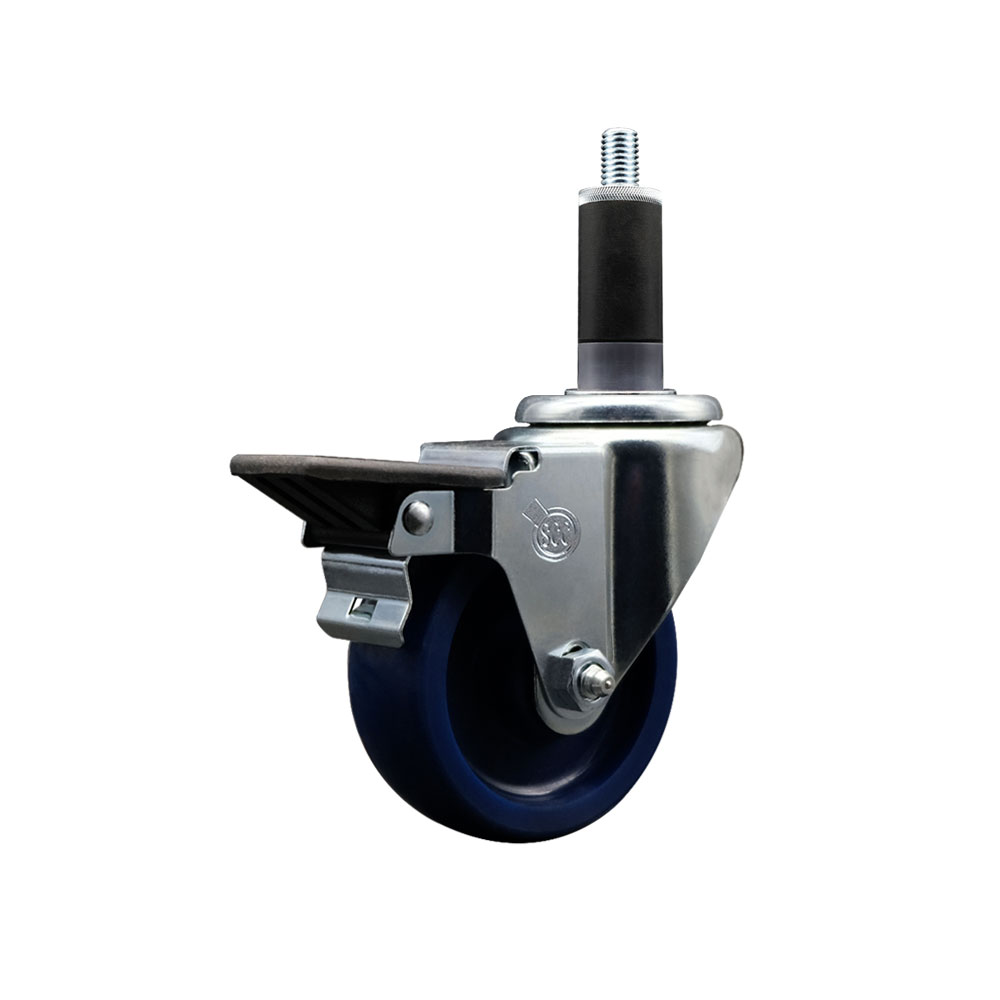 Solid Polyurethane Expanding Stem Swivel Caster with 3.5 Inch Blue Wheel and 1-1/8" Stem & Posi Locking Brake - 300 lbs. Capacity Per Caster - Service Caster Brand — photo 1