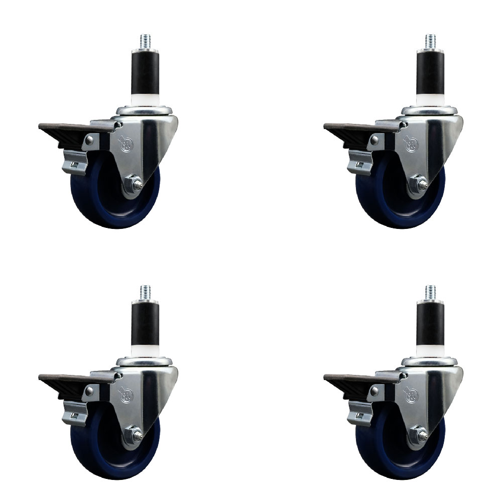 Solid Polyurethane Swivel Expanding Stem Caster Set of 4 with 3.5 Inch Blue Wheels and 1-3/8" Stems - Includes 4 Swivel with Posi Locking Brakes - 300 lbs. Capacity Per Caster - Service Caster Brand — photo 1