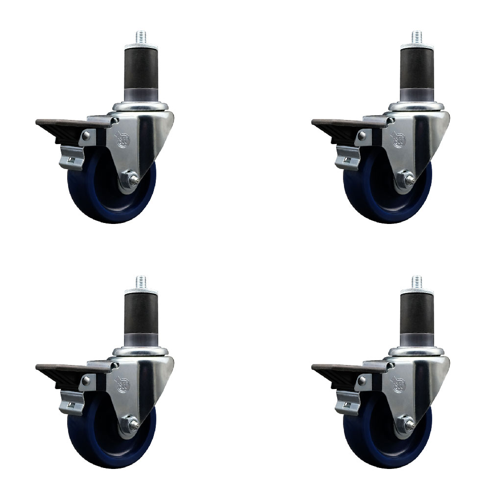 Solid Polyurethane Swivel Expanding Stem Caster Set of 4 with 3.5 Inch Blue Wheels and 1-5/8" Stems - Includes 4 Swivel with Posi Locking Brakes - 300 lbs. Capacity Per Caster - Service Caster Brand — photo 1
