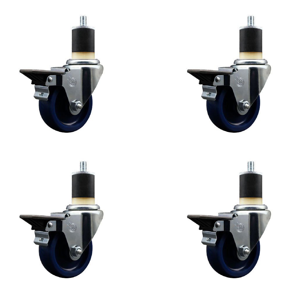Solid Polyurethane Swivel Expanding Stem Caster Set of 4 with 3.5 Inch Blue Wheels and 1-7/8" Stems - Includes 4 Swivel with Posi Locking Brakes - 300 lbs. Capacity Per Caster - Service Caster Brand — photo 1