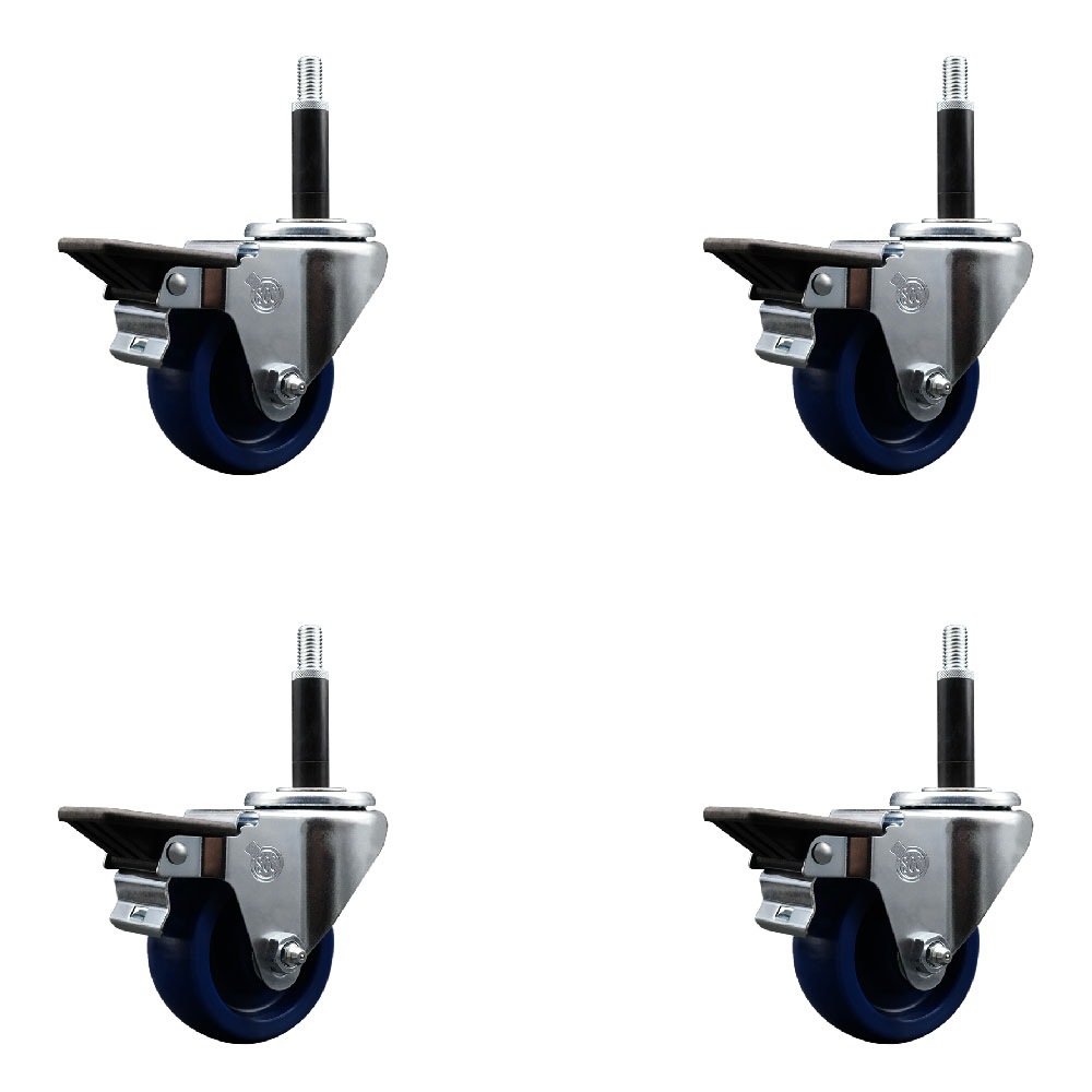 Solid Polyurethane Swivel Expanding Stem Caster Set of 4 with 3.5 Inch Blue Wheels and 3/4" Stems - Includes 4 Swivel with Posi Locking Brakes - 300 lbs. Capacity Per Caster - Service Caster Brand — photo 1