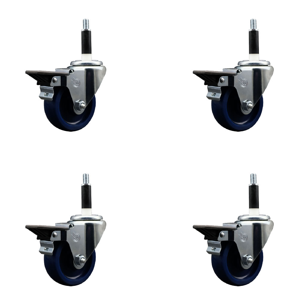Solid Polyurethane Swivel Expanding Stem Caster Set of 4 with 3.5 Inch Blue Wheels and 7/8" Stems - Includes 4 Swivel with Posi Locking Brakes - 300 lbs. Capacity Per Caster - Service Caster Brand — photo 1