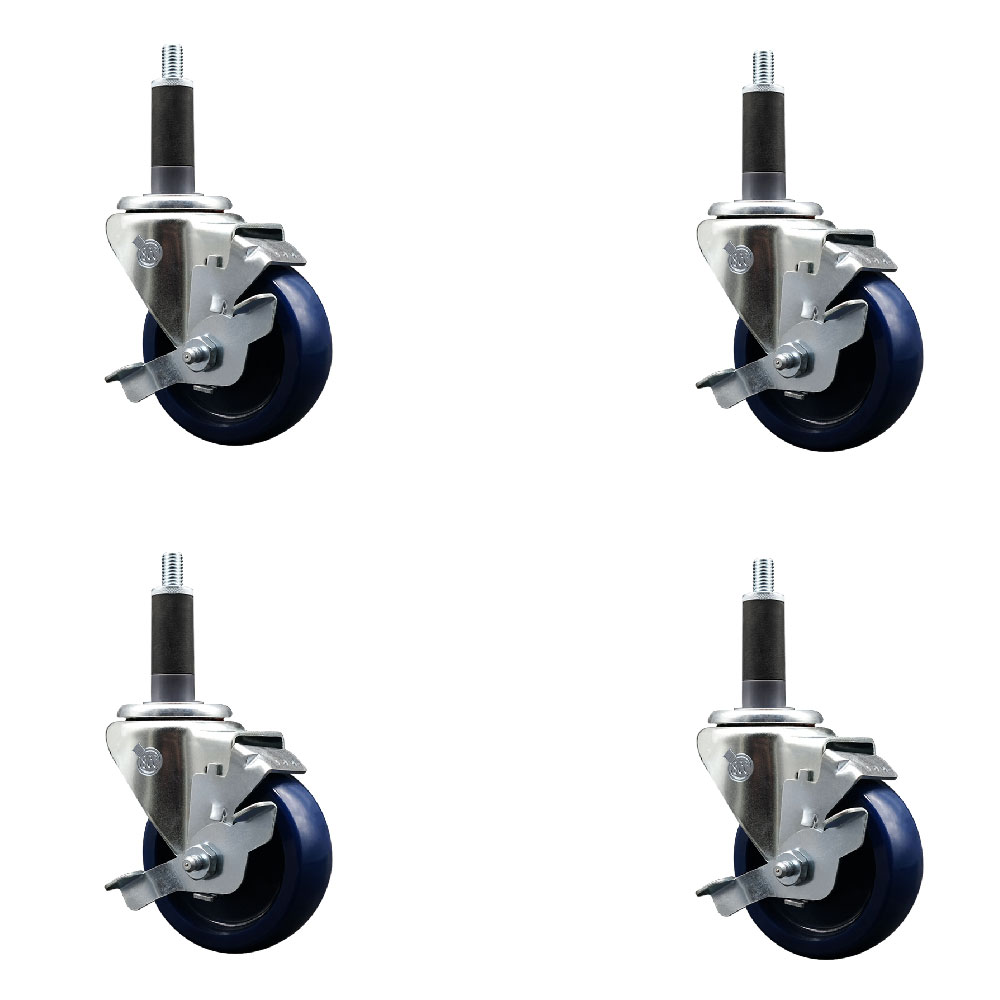 Stainless Steel Solid Polyurethane Swivel Expanding Stem Caster Set of 4 with 3.5 Inch Blue Wheels and 1" Stems - 4 Swivel with Top Locking Brakes - 300 lbs. Capacity Per Caster - Service Caster Brand — photo 1