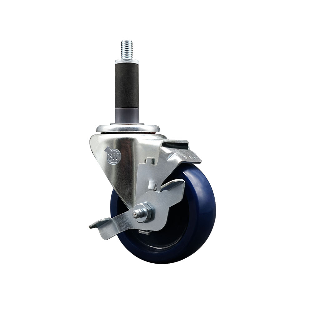 Solid Polyurethane Expanding Stem Swivel Caster with 3.5 Inch Blue Wheel and 1" Stem & Top Locking Brake - 300 lbs. Capacity Per Caster - Service Caster Brand — photo 1
