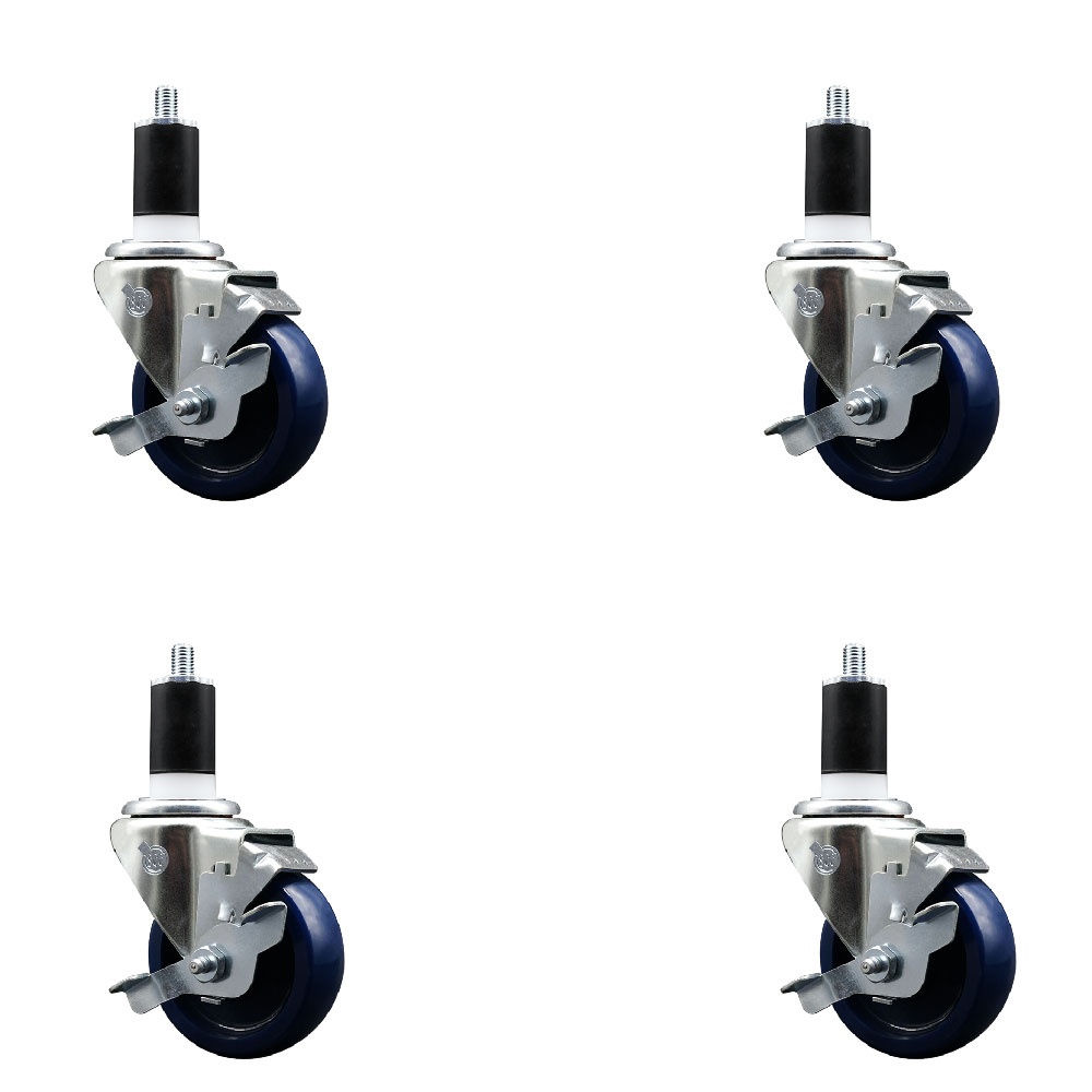 Solid Polyurethane Swivel Expanding Stem Caster Set of 4 with 3.5 Inch Blue Wheels and 1-1/2" Stems - Includes 4 Swivel with Top Locking Brakes - 300 lbs. Capacity Per Caster - Service Caster Brand — photo 1