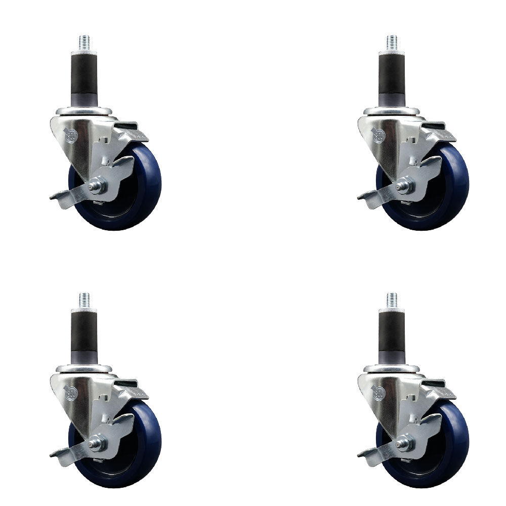 Stainless Steel Solid Polyurethane Swivel Expanding Stem Caster Set of 4 with 3.5 Inch Blue Wheels and 1-1/4" Stems-4 Swivel with Top Locking Brakes-300 lbs. Capacity Per Caster-Service Caster Brand — photo 1