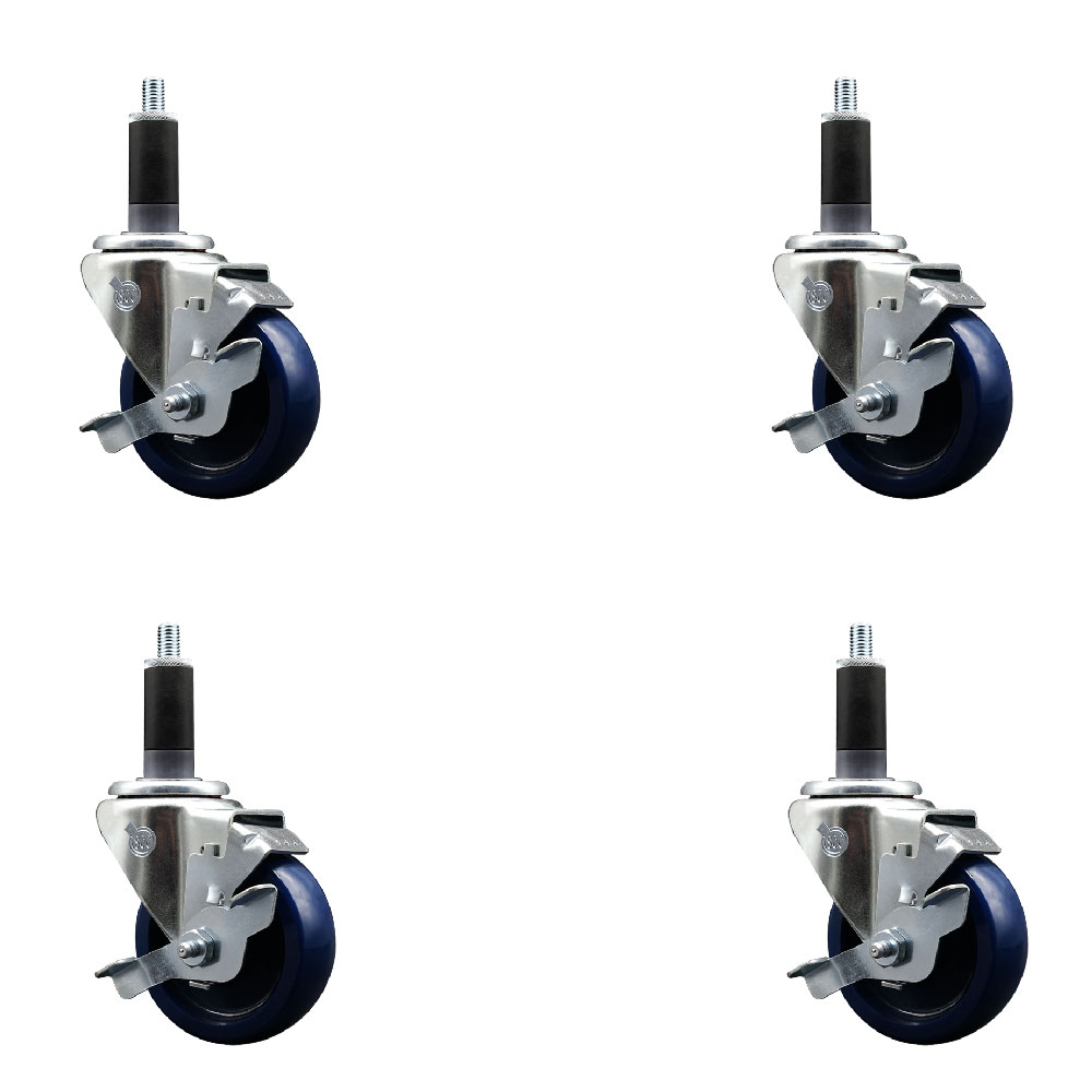 Stainless Steel Solid Polyurethane Swivel Expanding Stem Caster Set of 4 with 3.5 Inch Blue Wheels and 1-1/8" Stems-4 Swivel with Top Locking Brakes-300 lbs. Capacity Per Caster-Service Caster Brand — photo 1