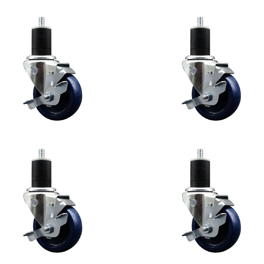 Stainless Steel Solid Polyurethane Swivel Expanding Stem Caster Set of 4 with 3.5 Inch Blue Wheels and 1-3/4" Stems-4 Swivel with Top Locking Brakes-300 lbs. Capacity Per Caster-Service Caster Brand — photo 1