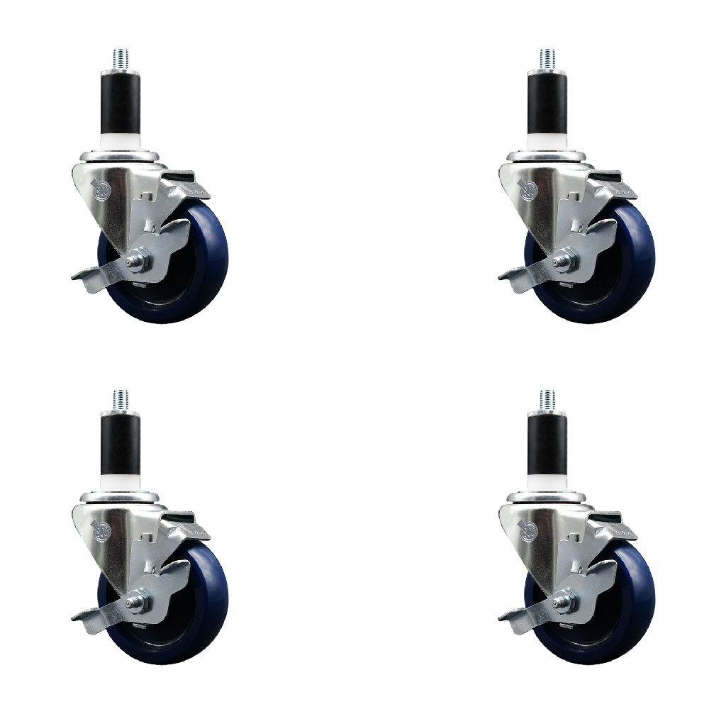 Stainless Steel Solid Polyurethane Swivel Expanding Stem Caster Set of 4 with 3.5 Inch Blue Wheels and 1-3/8" Stems-4 Swivel with Top Locking Brakes-300 lbs. Capacity Per Caster-Service Caster Brand — photo 1