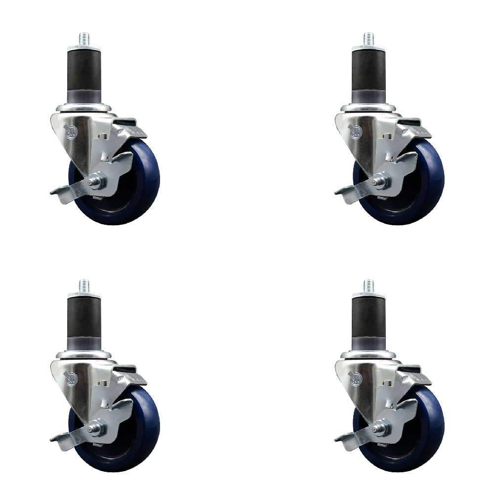 Stainless Steel Solid Polyurethane Swivel Expanding Stem Caster Set of 4 with 3.5 Inch Blue Wheels and 1-5/8" Stems-4 Swivel with Top Locking Brakes-300 lbs. Capacity Per Caster-Service Caster Brand — photo 1