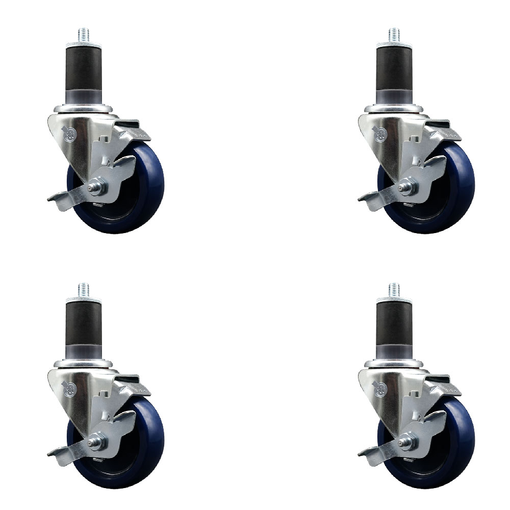 Solid Polyurethane Swivel Expanding Stem Caster Set of 4 with 3.5 Inch Blue Wheels and 1-7/8" Stems - Includes 4 Swivel with Top Locking Brakes - 300 lbs. Capacity Per Caster - Service Caster Brand — photo 1