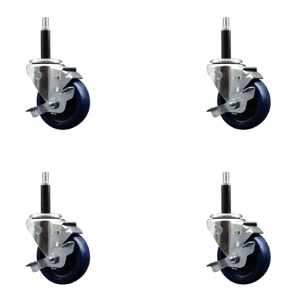 Stainless Steel Solid Polyurethane Swivel Expanding Stem Caster Set of 4 with 3.5 Inch Blue Wheels and 3/4" Stems-4 Swivel with Top Locking Brakes-300 lbs. Capacity Per Caster-Service Caster Brand — photo 1