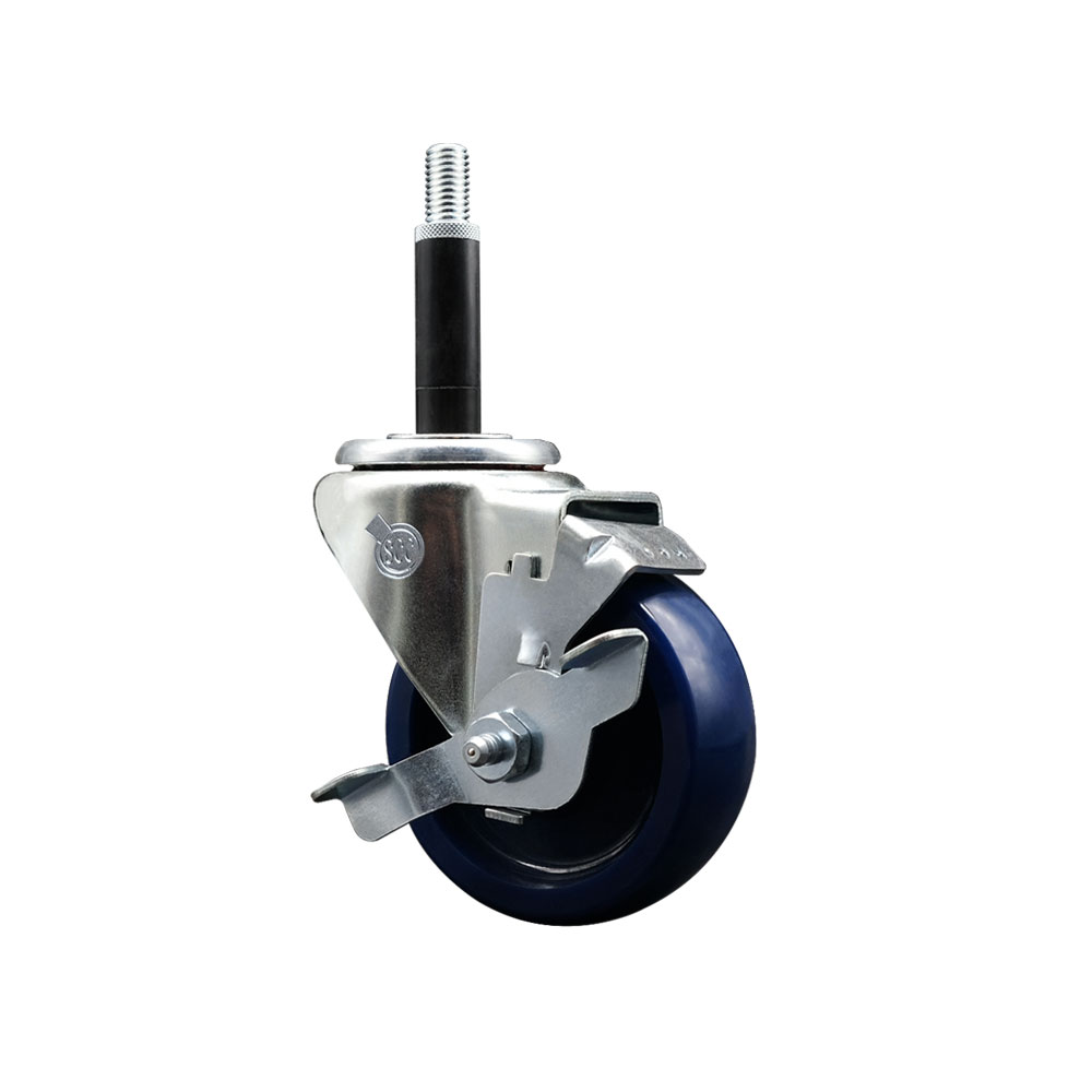 Solid Polyurethane Expanding Stem Swivel Caster with 3.5 Inch Blue Wheel and 3/4" Stem & Top Locking Brake - 300 lbs. Capacity Per Caster - Service Caster Brand — photo 1
