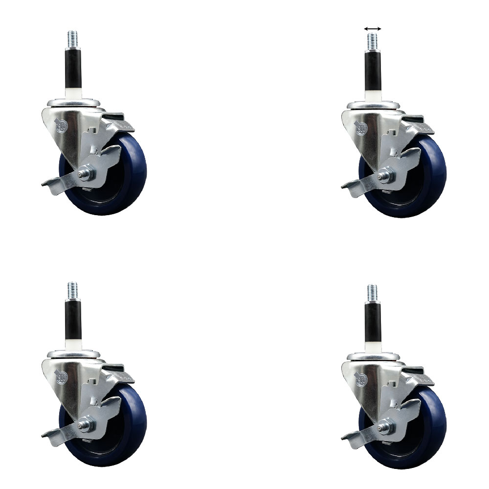Stainless Steel Solid Polyurethane Swivel Expanding Stem Caster Set of 4 with 3.5 Inch Blue Wheels and 7/8" Stems-4 Swivel with Top Locking Brakes-300 lbs. Capacity Per Caster-Service Caster Brand — photo 1