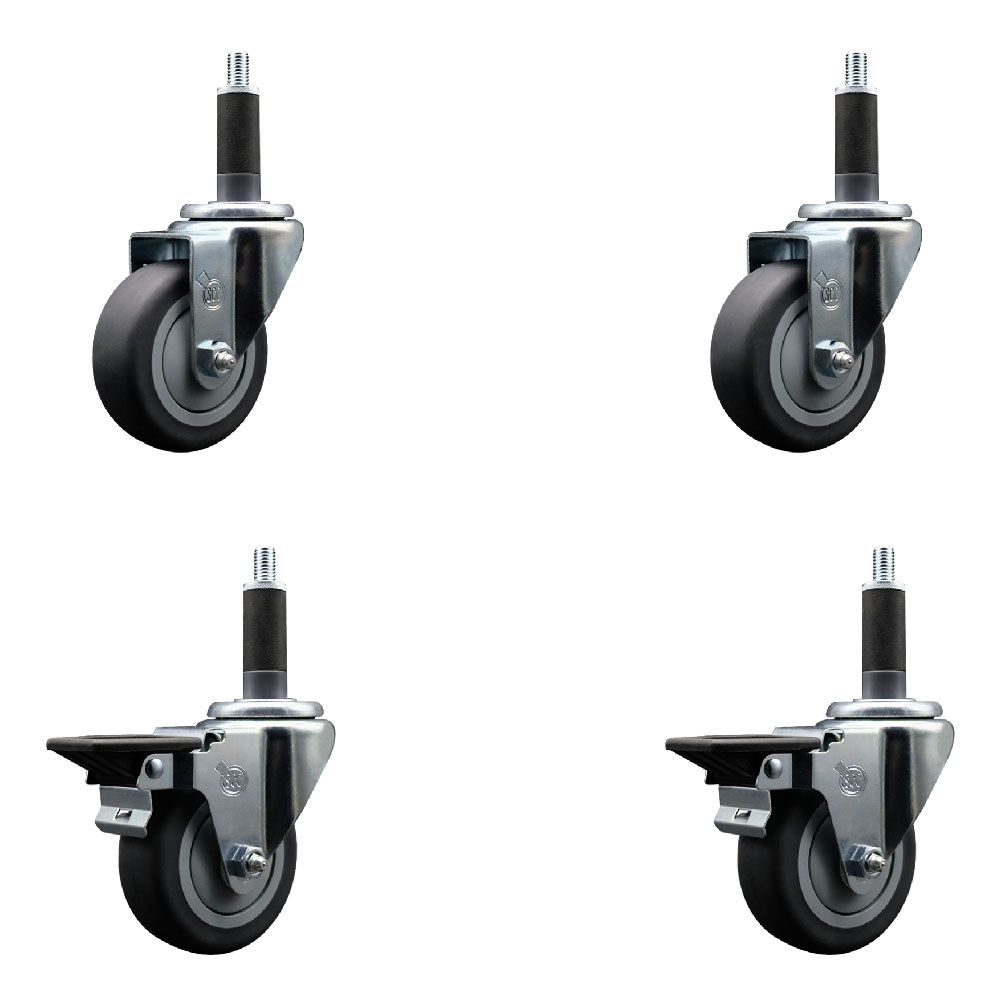 Thermoplastic Rubber Swivel Expanding Stem Caster Set of 4 with 3.5 Inch Gray Wheels and 1" Stems - Includes 2 with Posi Locking Brakes - 920 lbs Total Capacity - Service Caster Brand — photo 1
