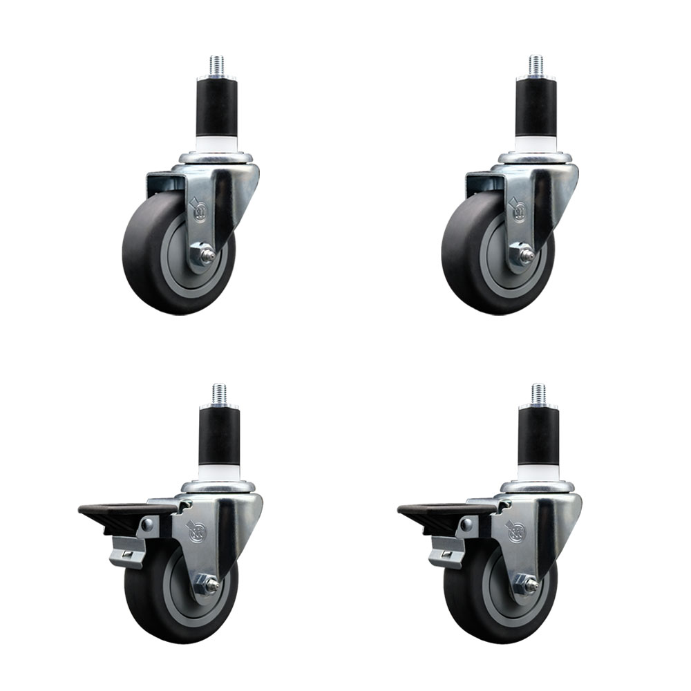 Thermoplastic Rubber Swivel Expanding Stem Caster Set of 4 with 3.5 Inch Gray Wheels and 1-1/2" Stems - Includes 2 with Posi Locking Brakes - 920 lbs Total Capacity - Service Caster Brand — photo 1
