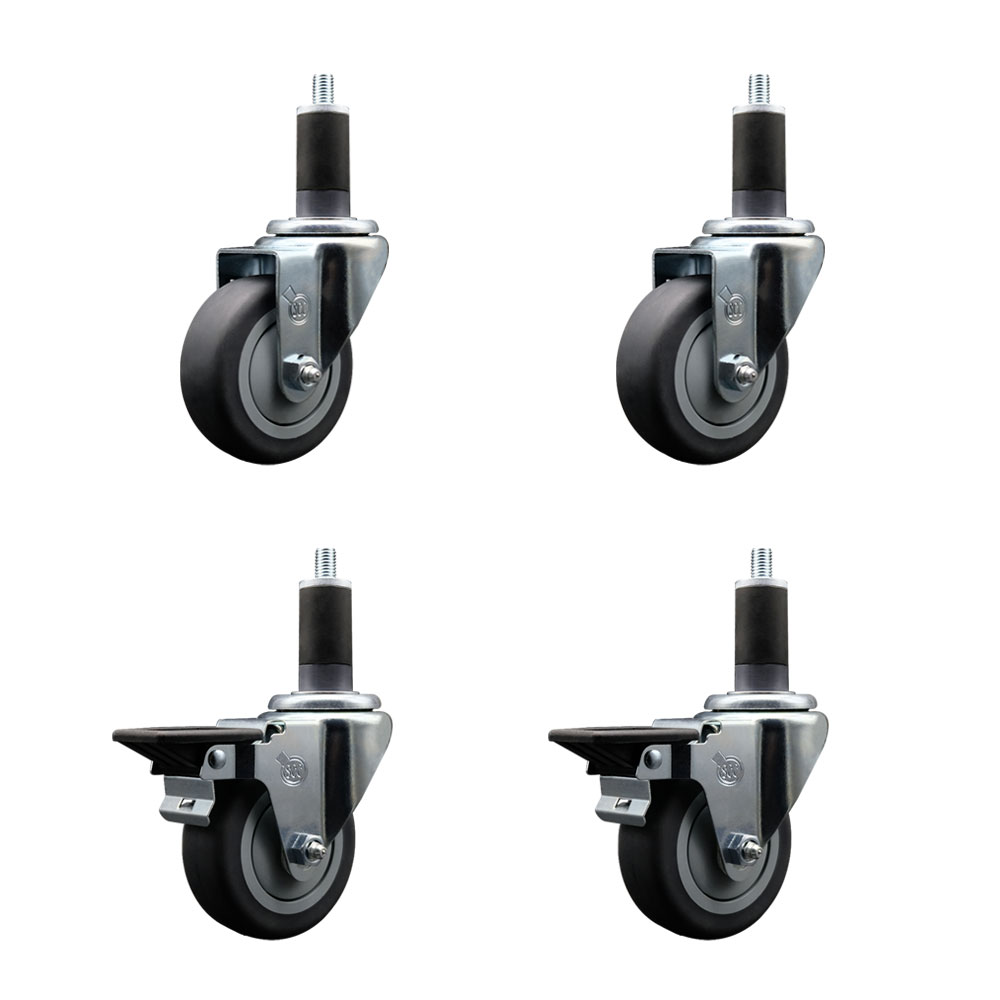 Thermoplastic Rubber Swivel Expanding Stem Caster Set of 4 with 3.5 Inch Gray Wheels and 1-1/4" Stems - Includes 2 with Posi Locking Brakes - 920 lbs Total Capacity - Service Caster Brand — photo 1