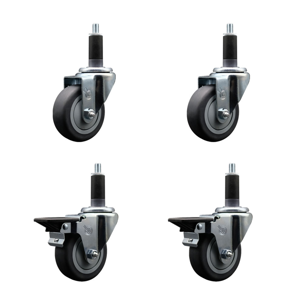 Thermoplastic Rubber Swivel Expanding Stem Caster Set of 4 with 3.5 Inch Gray Wheels and 1-1/8" Stems - Includes 2 with Posi Locking Brakes - 920 lbs Total Capacity - Service Caster Brand — photo 1